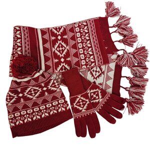 Unisex Red White 4pc Set Hat Ear Warmer Gloves Scarf Lined Cozy Warm Winter OSFM